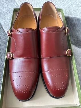 Gucci Men's Burgundy Double Monk Strap Leather Shoes